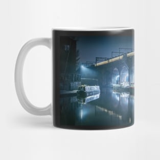 Night scene of a canal with barges Mug